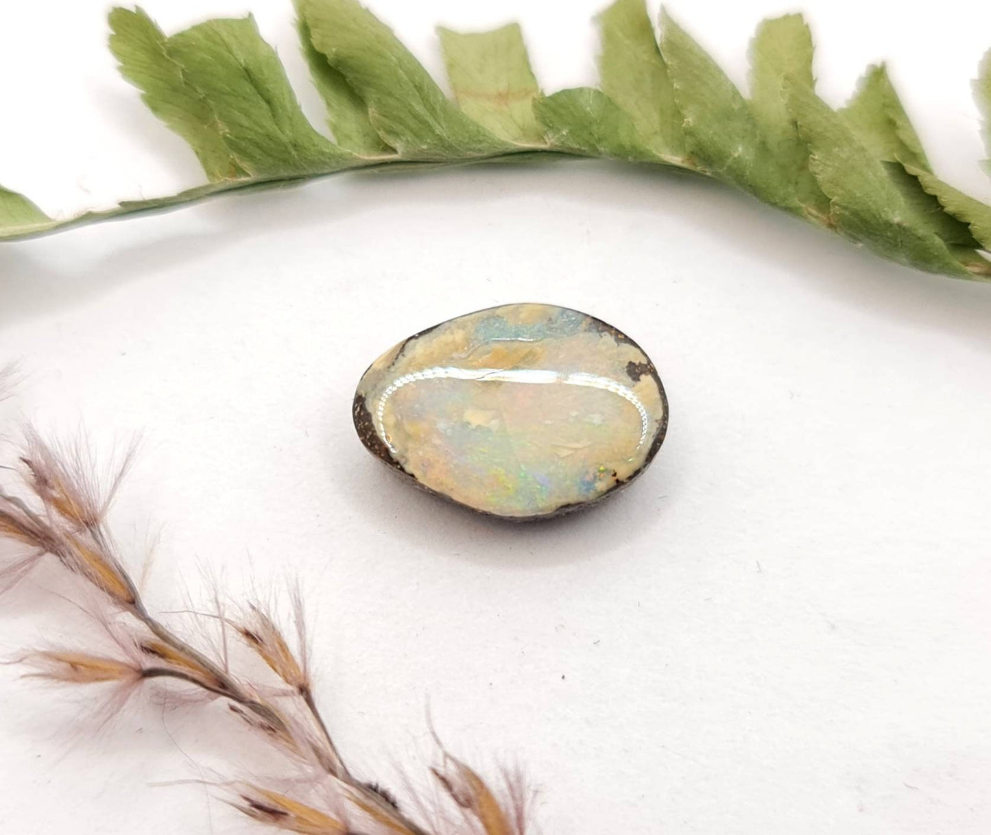 Echter australischer Boulderopal aus Queensland, pastellgelb mit wenig grünem Farbspiel 13x9,2mm 4,88ct (Nr.642)