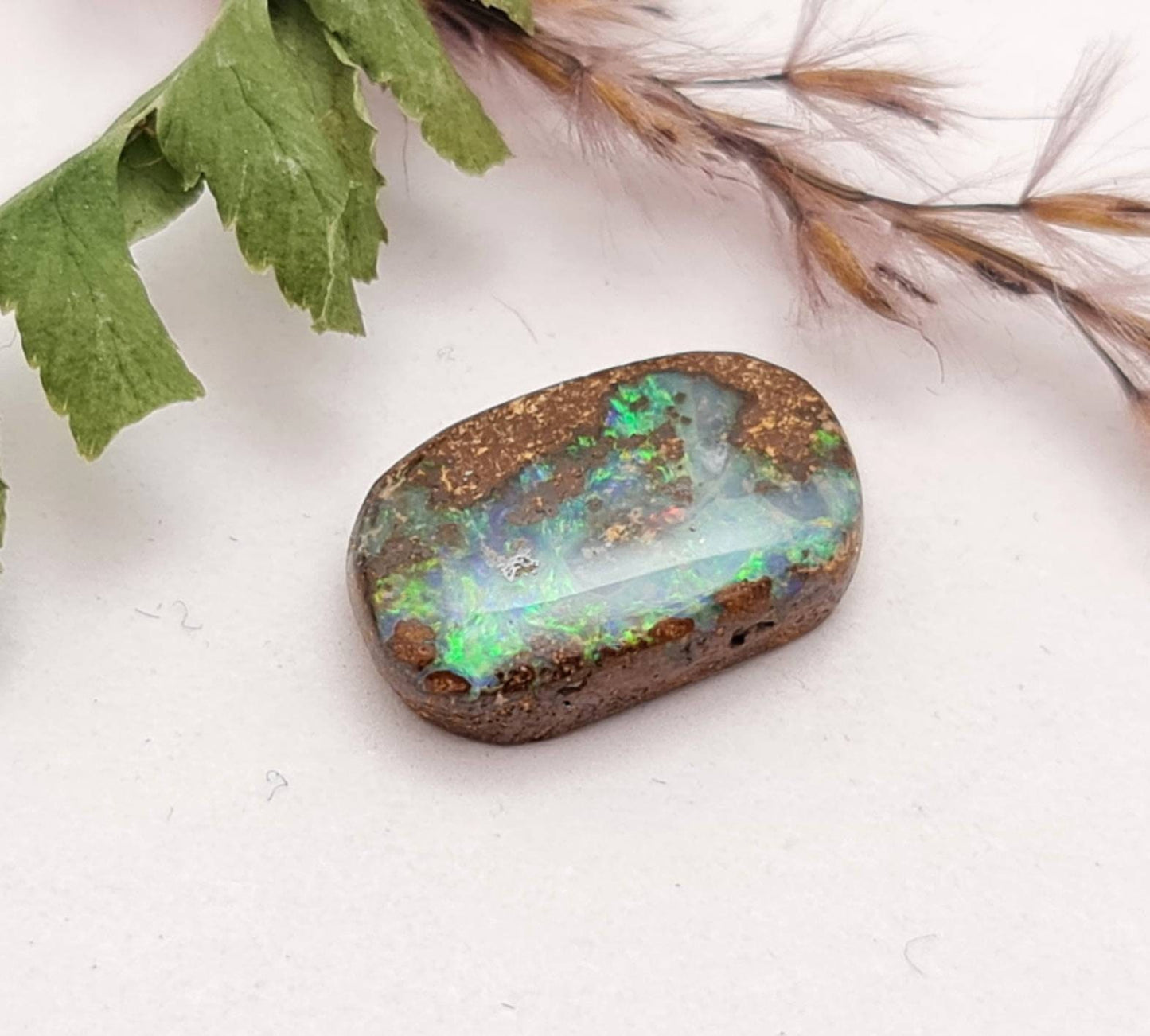 Echter australischer Boulderopal, Cabochon oval Queensland grün braun 15x9,6mm 5,46ct (Nr. 660)